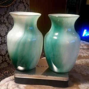 Tote # 2 (Green & White pair of Swirl Indiana Glass Vase 8" Made In USA)
